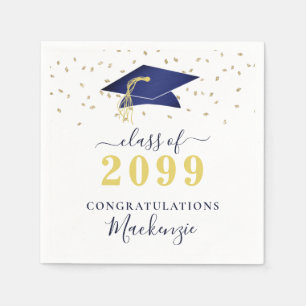 Graduation Cap Navy Blue Gold Confetti Script Napkins