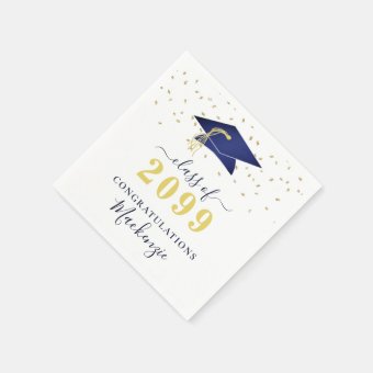 Graduation Cap Navy Blue Gold Confetti Script Napkins | Zazzle