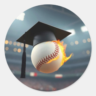 Graduation Cap On a Flaming Baseball Classic Round Sticker