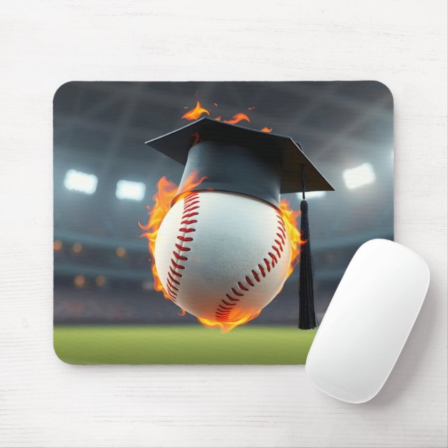 Graduation Cap On a Flaming Baseball Mouse Pad (With Mouse)