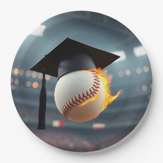 Graduation Cap On a Flaming Baseball Paper Plates (Front)