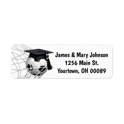 Graduation Cap on a Soccer Ball in the Net Label