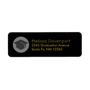 Graduation Cap on Black Background Gold Lettering Label