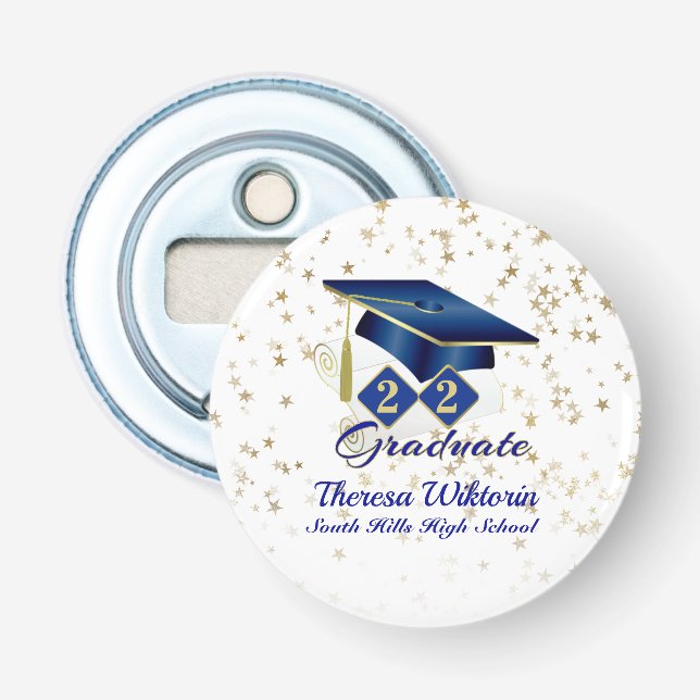 Graduation Cap Party Blue Gold Personalized Bottle Opener (Front)