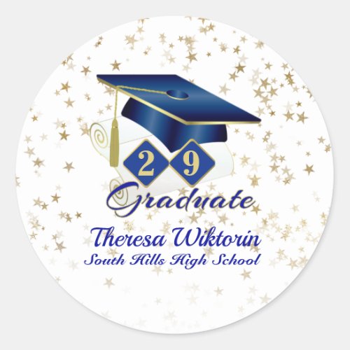 Graduation Cap Party Blue Gold Personalized Classi Classic Round Sticker