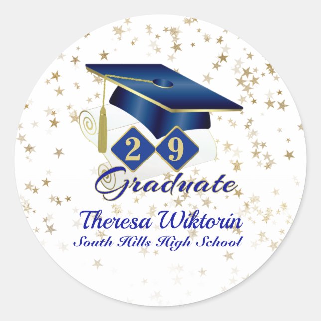 Graduation Cap Party Blue Gold Personalized Classi Classic Round Sticker (Front)