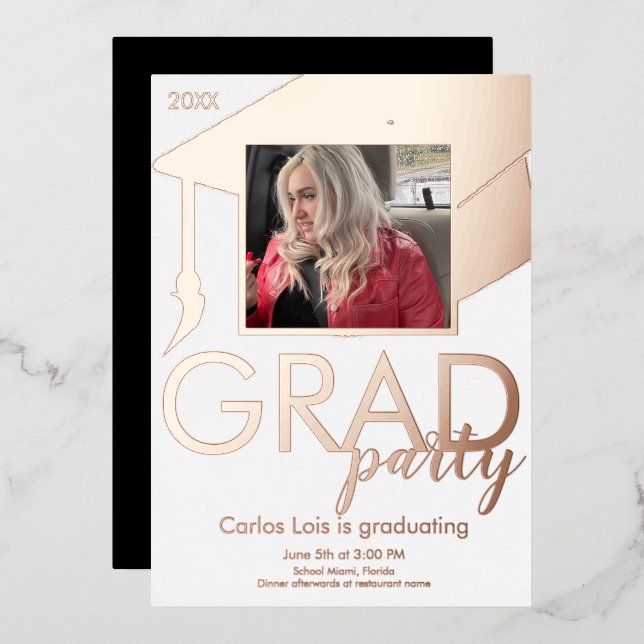 Graduation Cap Party Photo Pressed  Foil Invitation (Front/Back)