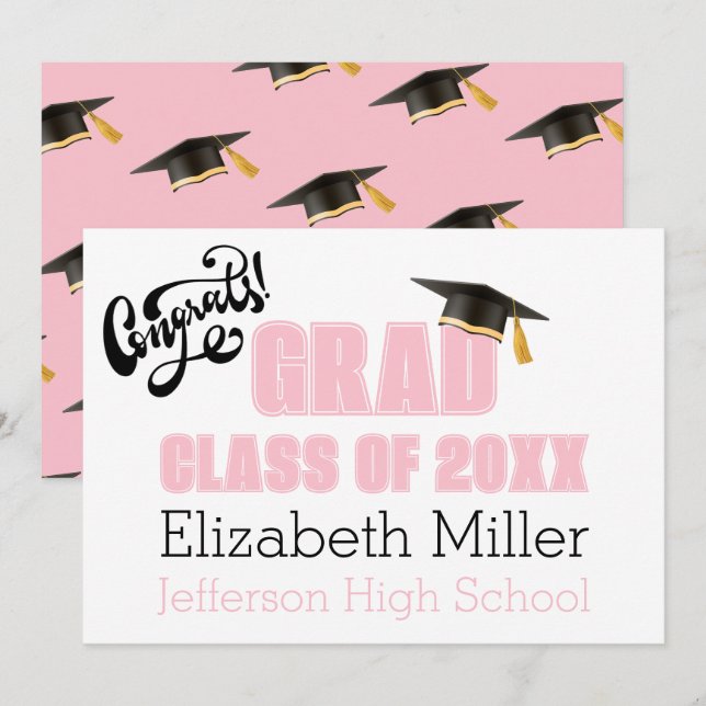 Graduation Cap Pattern Celebration Card in Pink (Front/Back)