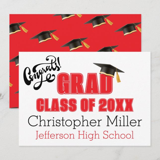 Graduation Cap Pattern Celebration Card in Red (Front/Back)