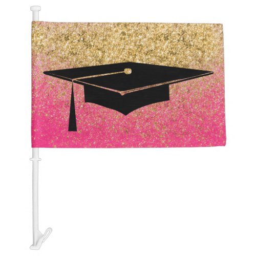 Graduation Cap Pink Gold Glitter Car Flag