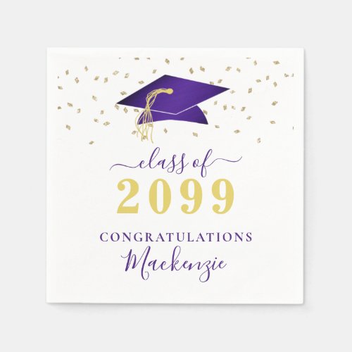 Graduation Cap Purple Gold Confetti Script Napkins