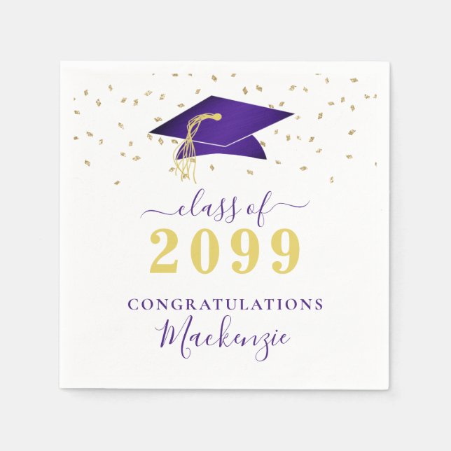 Graduation Cap Purple Gold Confetti Script Napkins (Front)