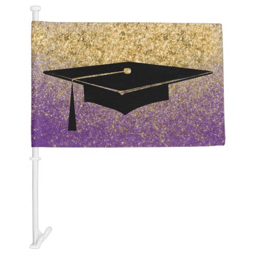 Graduation Cap Purple Gold Glitter Car Flag