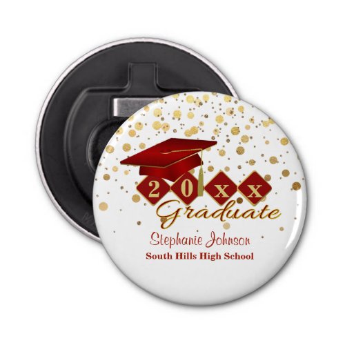 Graduation Cap Red Gold Confetti Personalized Bottle Opener