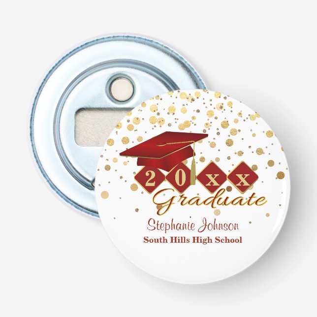 Graduation Cap Red Gold Confetti Personalized Bottle Opener (Front)