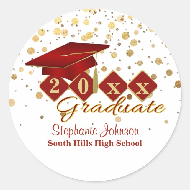 Graduation Cap Red Gold Confetti Personalized Classic Round Sticker (Front)