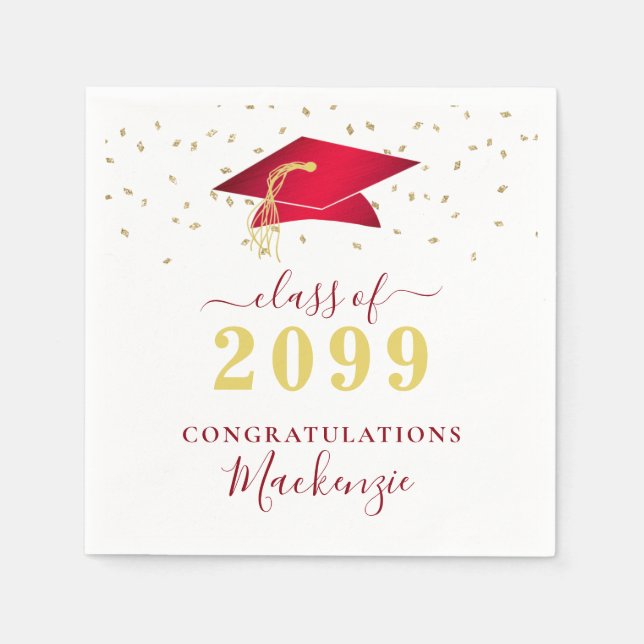Graduation Cap Red Gold Confetti Script Napkins (Front)