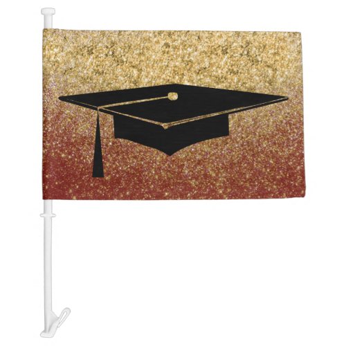 Graduation Cap Red Gold Glitter Car Flag