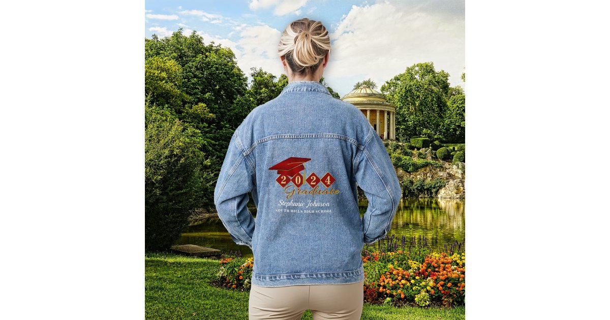 Graduation Cap Red Gold Personalized Denim Jacket | Zazzle
