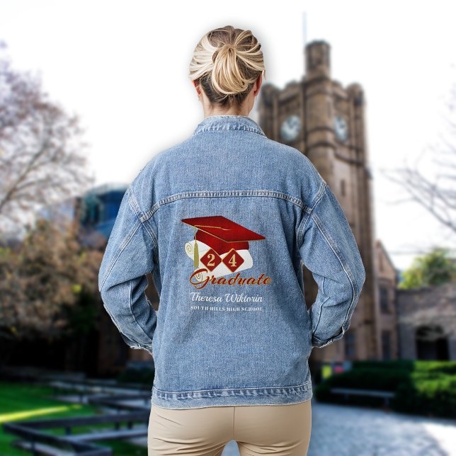 Graduation Cap Red Gold Personalized Denim Jacket (Graduation Cap Red Gold Personalized Denim Jacket)