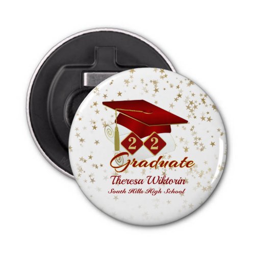Graduation Cap Red Gold Stars Personalized Bottle Opener