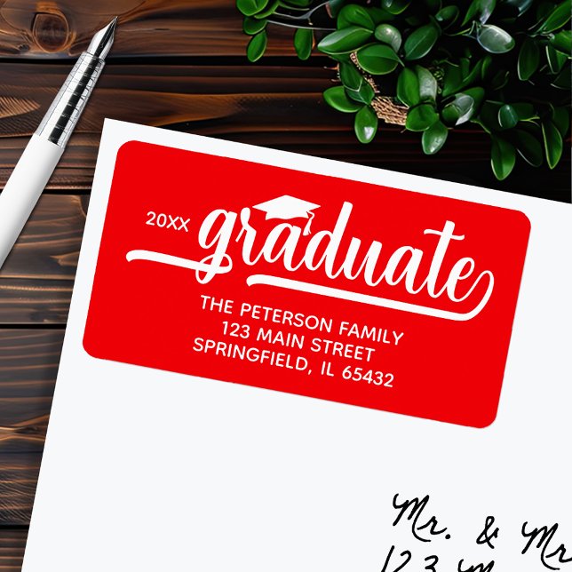 Graduation Cap Red Return Address Label (Graduation script red return address labels, 2.375" x 1.25", 18 labels per sheet)