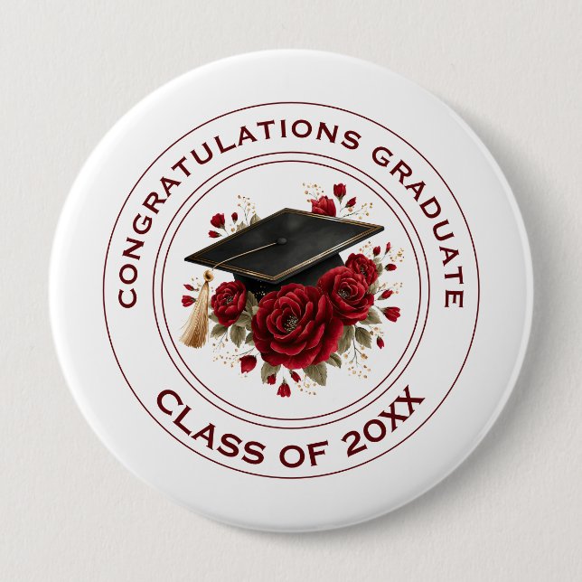 Graduation Cap & Red Roses Class of 20XX  Button (Front)