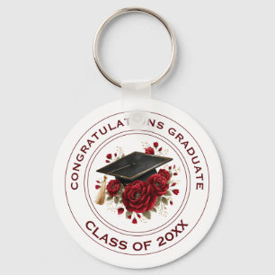 Graduation Cap & Red Roses Class of 20XX Keychain