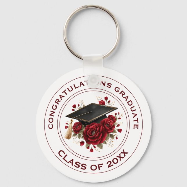 Graduation Cap & Red Roses Class of 20XX  Keychain (Front)