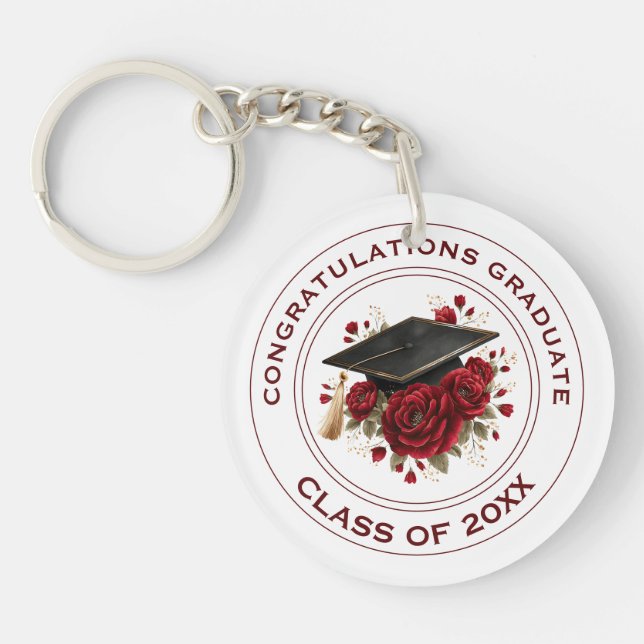 Graduation Cap & Red Roses Class of 20XX  Keychain (Front)