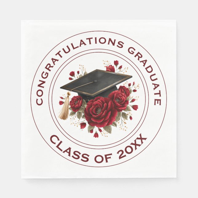 Graduation Cap & Red Roses Class of 20XX  Napkins (Front)