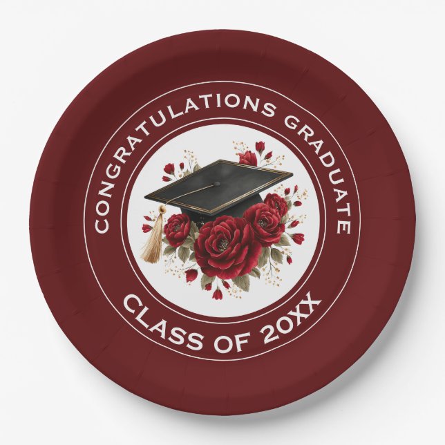 Graduation Cap & Red Roses Class of 20XX  Paper Plates (Front)