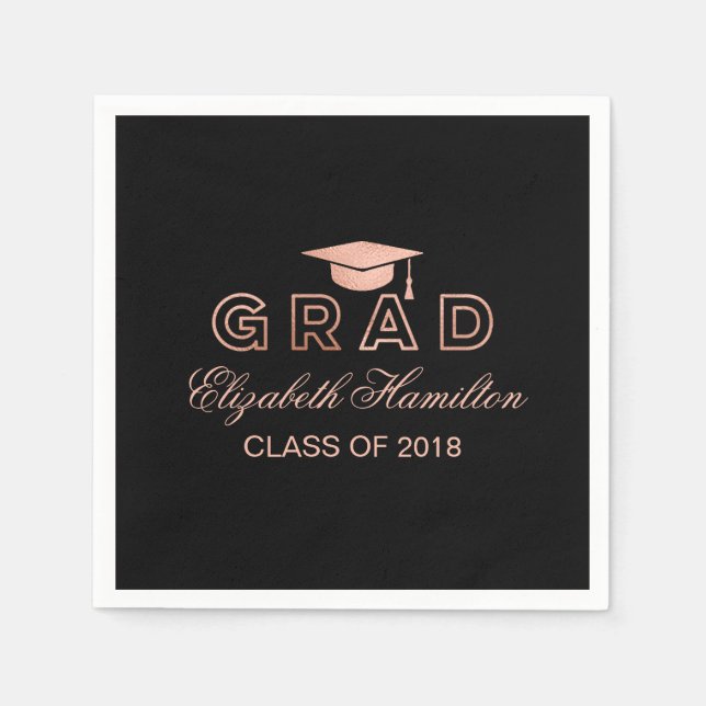 Graduation Cap Rose Gold Elegant Grad Party Paper Napkins (Front)