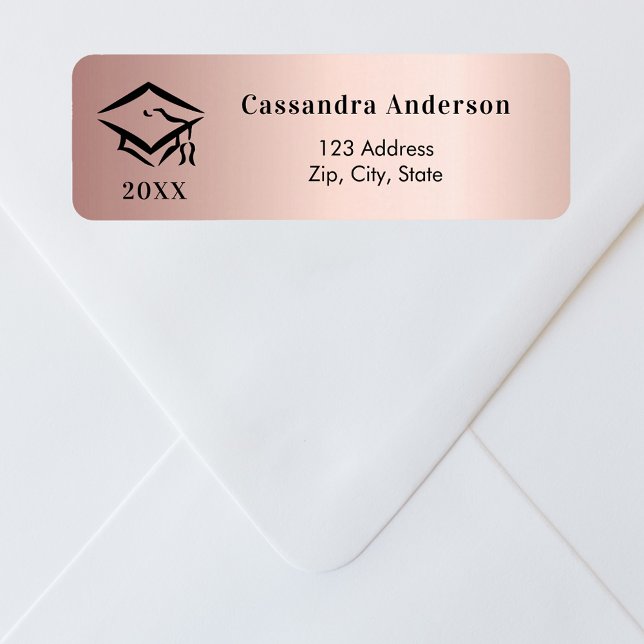 Graduation cap rose gold return address label (Creator Uploaded)