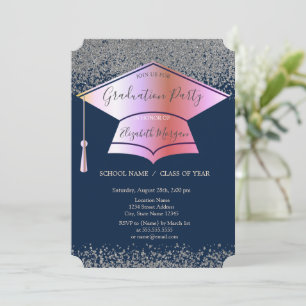 Graduation Cap,Silver Diamonds Navy Blue  Invitation