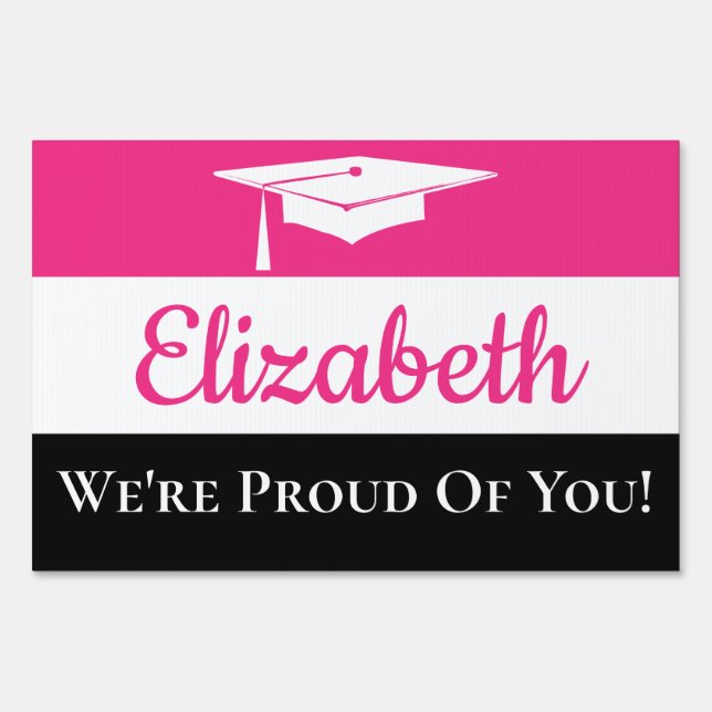 Graduation Cap Simple Modern Girly Pink Black Sign (Front)