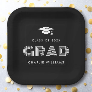 Graduation cap Student Grad name class black Paper Plates
