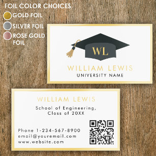 Graduation Cap Student Modern QR Code Real Gold Foil Business Cards