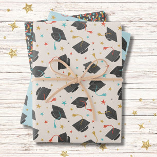 Graduation Cap, Tassel and Confetti Wrapping Paper Sheets