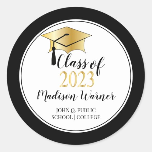Graduation Cap _Tassel Black Gold Class of 2023 Classic Round Sticker