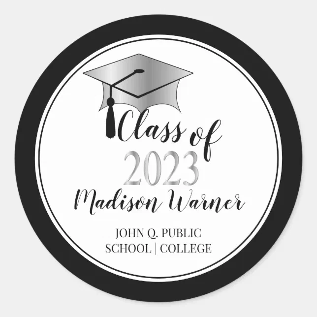 Graduation Cap Tassel Black Silver Class of 2023 Classic Round Sticker