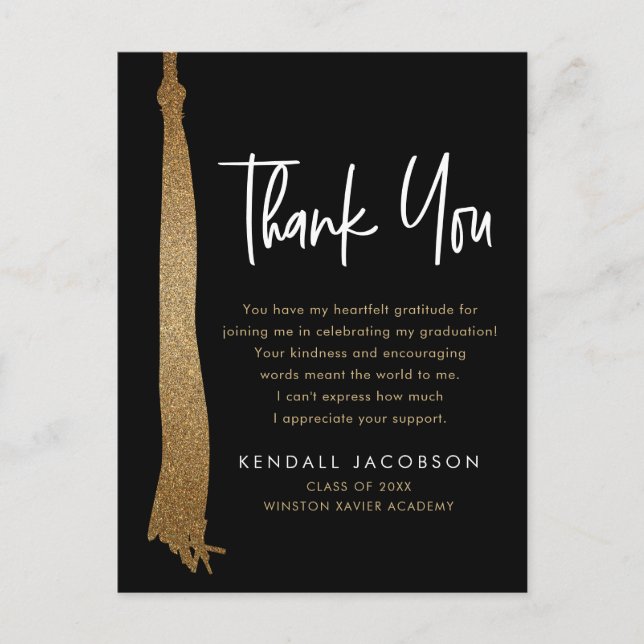 Graduation Cap Tassel Gold Black Minimalist Modern Announcement Postcard (Front)