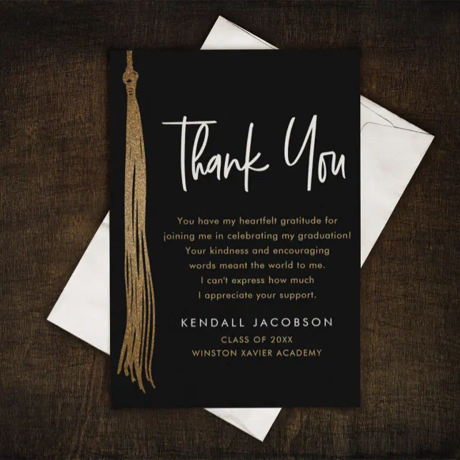 Graduation Cap Tassel Gold Black Modern Thank You Card | Zazzle