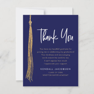 Graduation Cap Tassel Gold Blue Modern Thank You Card