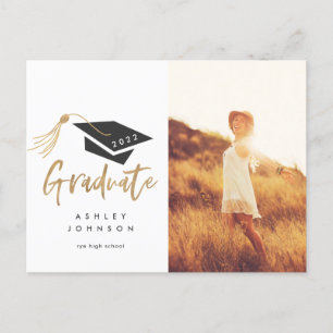 Graduation Cap Tassel Gold Foil Photo 2022 Announcement Postcard