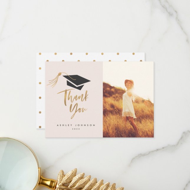 Graduation Cap Tassel Gold Foil Thank You Photo Card (Front/Back In Situ)