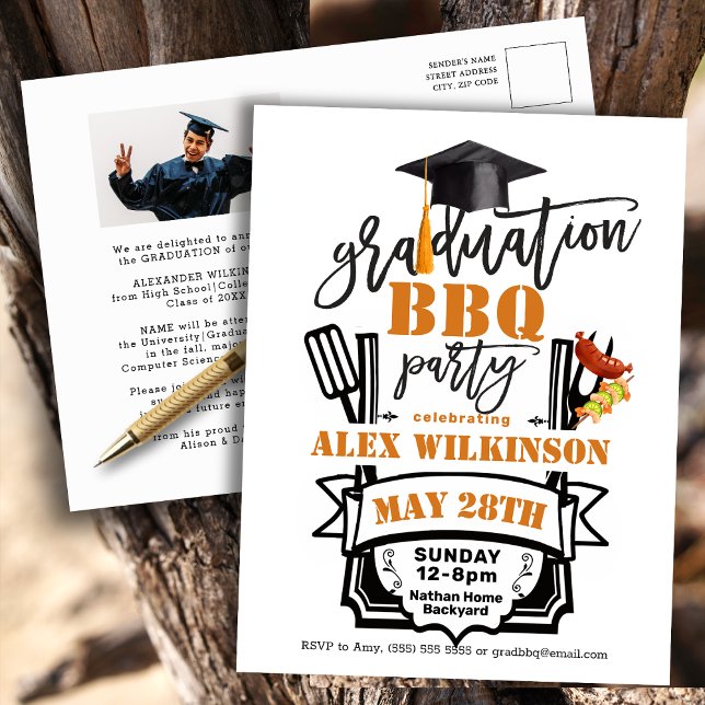 Graduation Cap Tassel Simple Photo BBQ Party Invitation Postcard (Creator Uploaded)