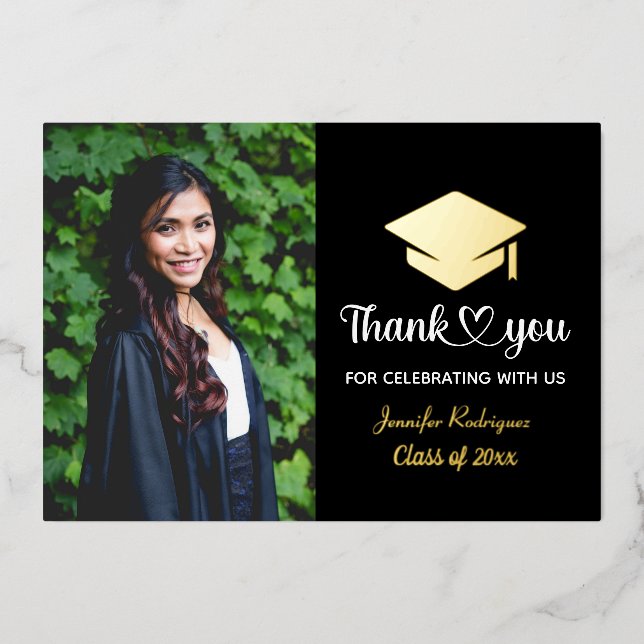 Graduation Cap Thank You Grad Custom Photo Foil Invitation (Front)