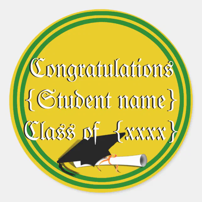 Graduation Cap Tilt School Colors Green And Gold Classic Round Sticker ...