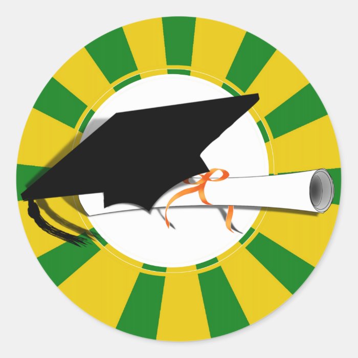 Graduation Cap Tilt w/Diploma   Gold &  Green Stickers